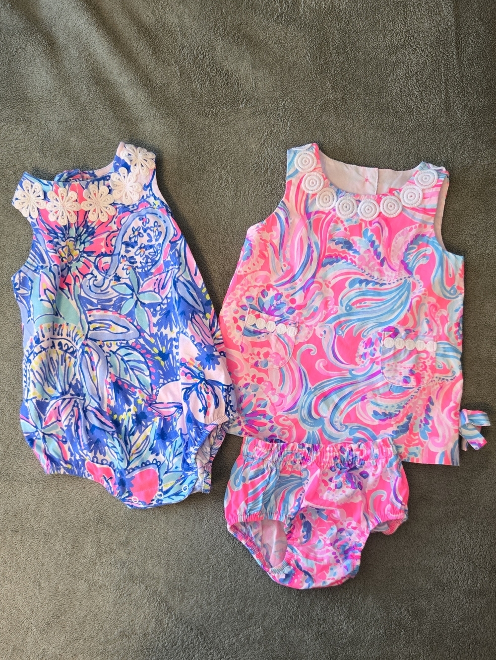 Lilly Pulitzer Girls Pink & Blue Floral Swirl Matching Set And Onsie 3-6 Months
